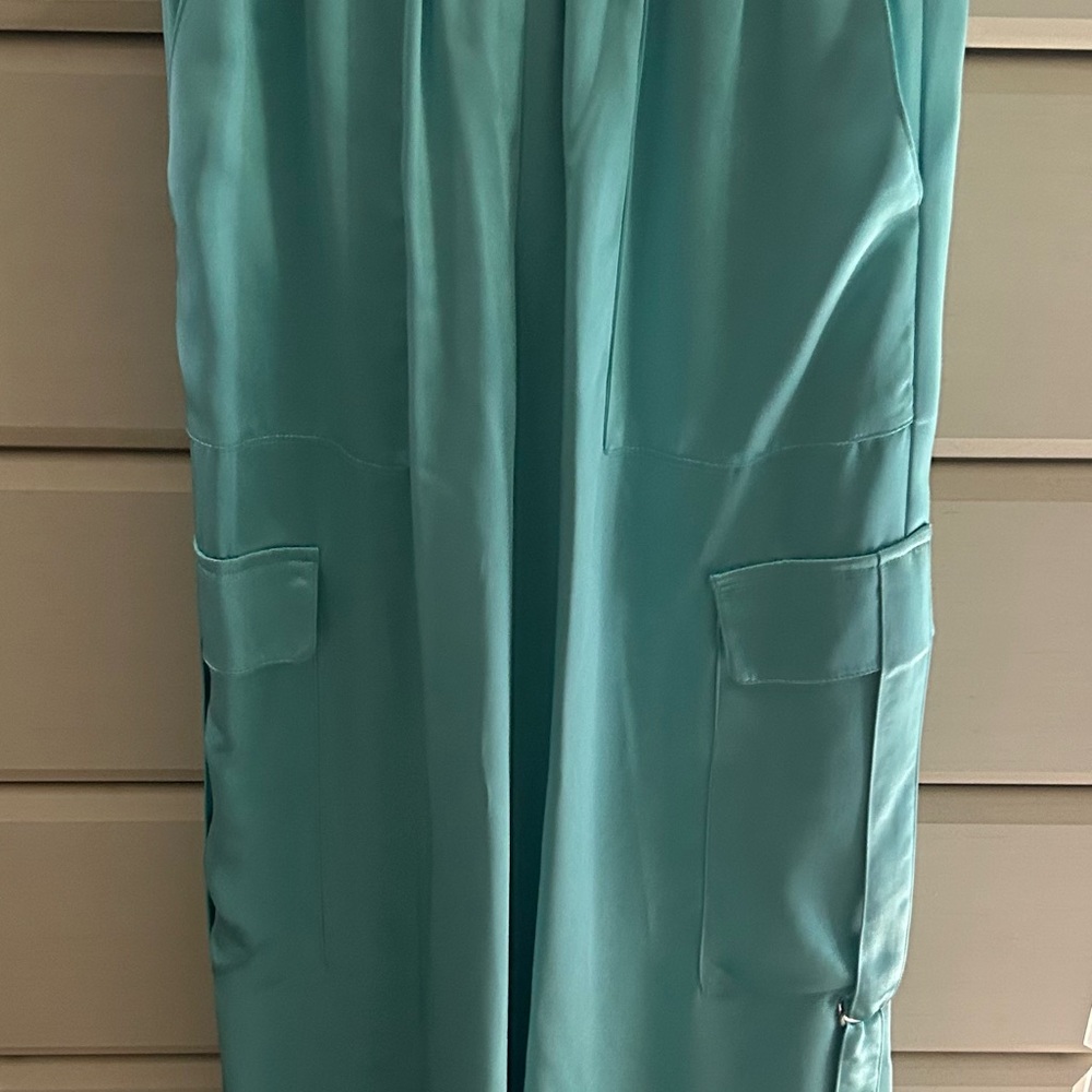 Teal Satin Wide-Leg Pants